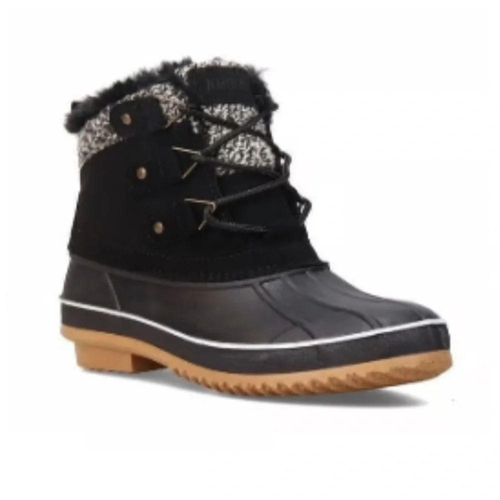 Khombu Waterproof Duck Boot With Knit Cuff and Faux Fur Lining Sz 6 Black/White